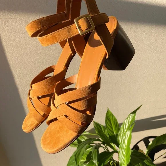Rivecour Suede Sandals Brown Tan Leather $222 NEW Cross Stack Heel Block Ankle - Picture 12 of 12